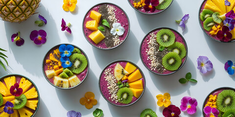 Flat lay of vibrant smoothie bowls with tropical fruits, chia seeds, and edible flowers, bright colors