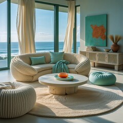 Generative AI, Modern Coastal Living Room with Ocean View and Natural Textures