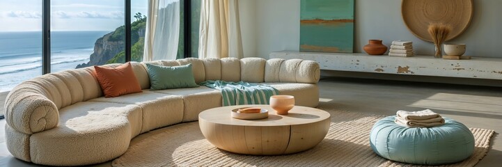Generative AI, Modern Coastal Living Room with Ocean View and Natural Textures