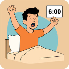 Man Waking Up at 6 AM and Stretching in Bed