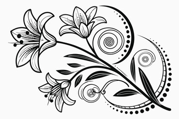 24 Black and white illustration, intricate floral design, abstract botanical art, organic shapes, swirling patterns, detailed linework, zentangle style, whimsical doodles, contrasting textures, negati