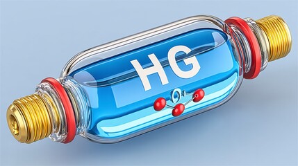 Glass Capsule with Blue Liquid and Red Spheres, 3D Render