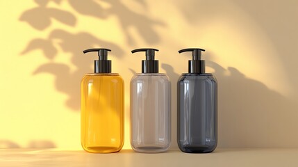 Fototapeta premium Three pump bottles in amber, clear, and black stand side by side against a soft yellow background with leaf shadows.