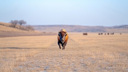Majestic bison strolls across the plains.  A solitary bison walks towards the camera in a vast, golden landscape.  Other bison are visible in the distance.  Soft light bathes the scene,