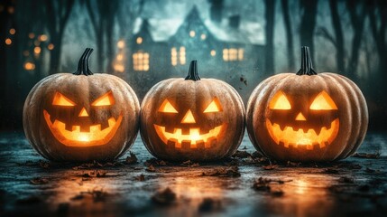 Halloween jack-o'-lanterns in a spooky forest scene.