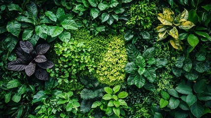Lush green foliage wall, diverse plant types