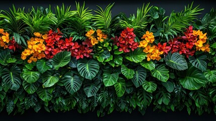 Naklejka premium Lush tropical plant wall decor with vibrant flowers