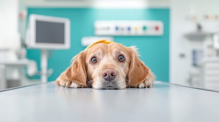 A dog is laying on a table in a hospital room