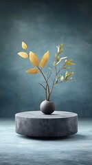 Still life arrangement of autumnal leaves in a muted vase on a round pedestal