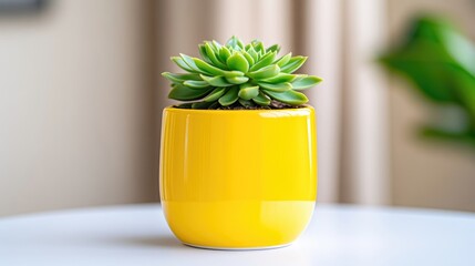 Succulent in Yellow Pot Minimalist Bright Studio Lighting, Close-up Front View, Glossy Finish, Home Decor Display, Soft Sunny Hues, Ideal for Plant Shop Ads
