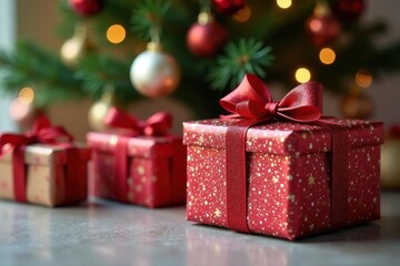 Glittering packages, elegant bows, under tree, bright, wrapping