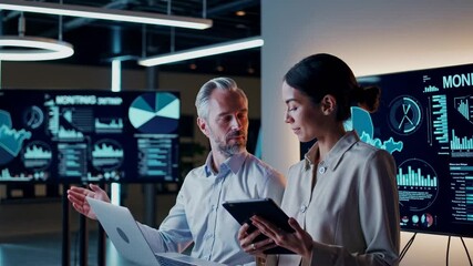 Data Analyst Collaboration: In a modern, tech-infused office setting, a man and a woman work together, analyzing intricate data visualizations displayed on cutting-edge screens and devices.  - Powered by Adobe