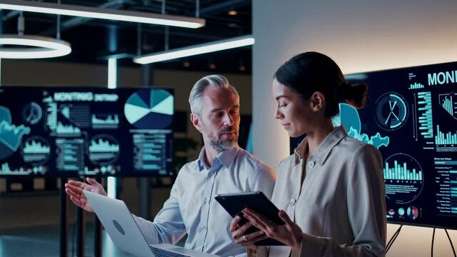 Data Analyst Collaboration: In a modern, tech-infused office setting, a man and a woman work together, analyzing intricate data visualizations displayed on cutting-edge screens and devices.  - Powered by Adobe