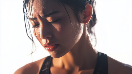Young East Asian Indian woman tired after practicing exercise try to recover. hard run workout. sweaty. success fit sports. flat background. png