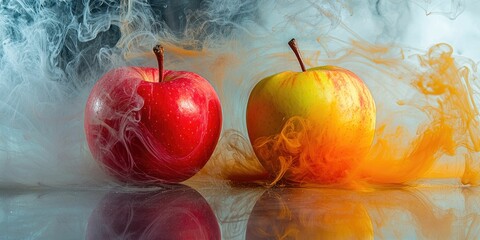 Smoky ink spirals behind a red and yellow apple on a glass surface