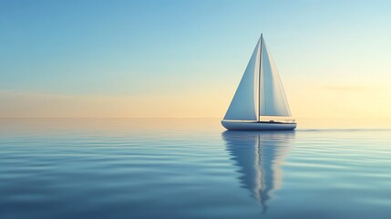 Fototapeta premium A white sailboat glides peacefully on calm blue water under a clear sky at sunset.