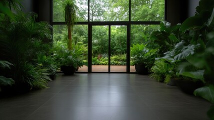 Tranquil indoor garden space with expansive outdoor views. Lush greenery surrounds a large glass wall