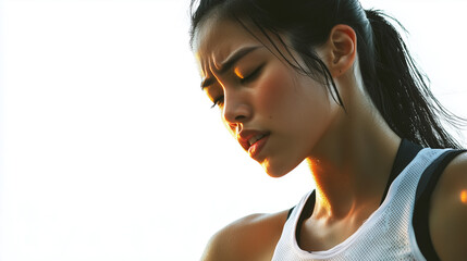 Young East Asian Indian woman tired after practicing exercise try to recover. hard run workout. sweaty. success fit sports. flat background. png