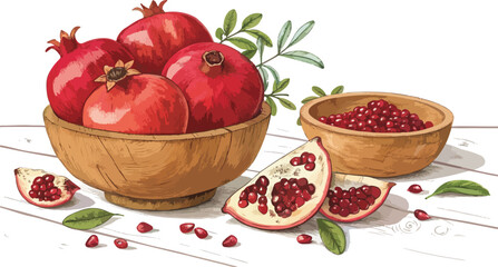 Pomegranate in wooden bowl with pomegranate slice on table in white background vector design, Pomegranate Illustration vector design