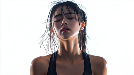 Young East Asian Indian woman tired after practicing exercise try to recover. hard run workout. sweaty. success fit sports. flat background. png