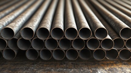 Stacked industrial metal pipes with textured surfaces, architecture elements