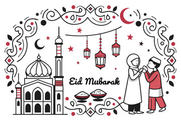 Obraz premium 25 Eid Mubarak celebration, intricate circular illustration, Islamic architecture, mosque domes, minarets, lanterns, prayer beads, traditional clothing, embracing figures, festive decorations, Arabic 