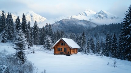 Fototapeta premium A cozy wooden cabin sits in a snowy forest clearing, surrounded by pine trees and mountains under a winter sky.