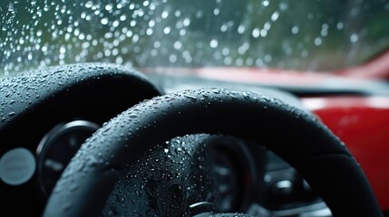 Rainy Day Driving.  Water droplets on steering wheel