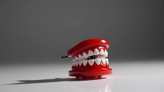Chatter Teeth Toy: A vibrant red chattering teeth toy, a classic novelty item, sits on a reflective surface, capturing a playful and whimsical mood.