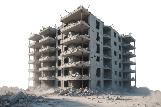 Damaged building with exposed balconies and rubble at its base area on transparent background