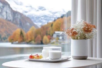 Cozy breakfast by a mountain lake