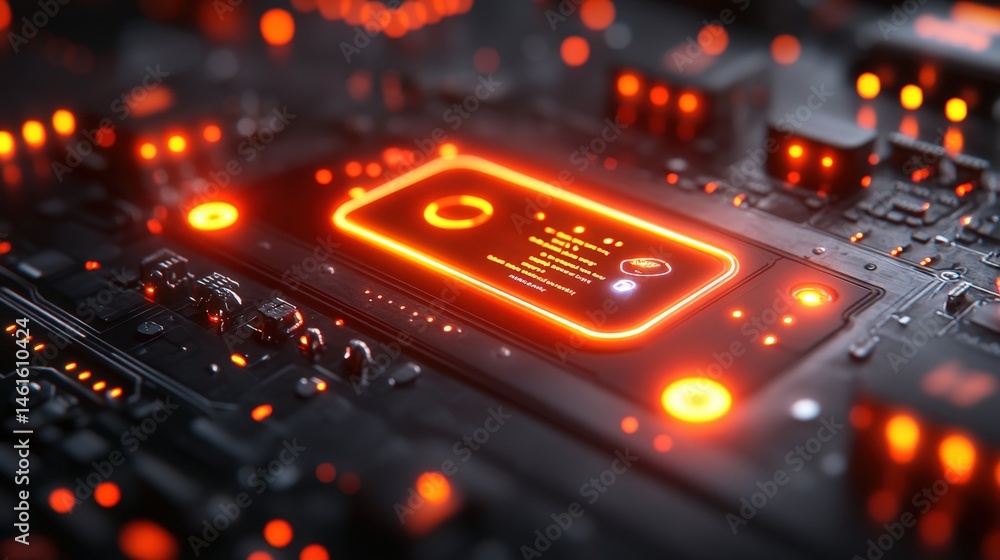 Poster intricate circuit board with glowing technological device.
