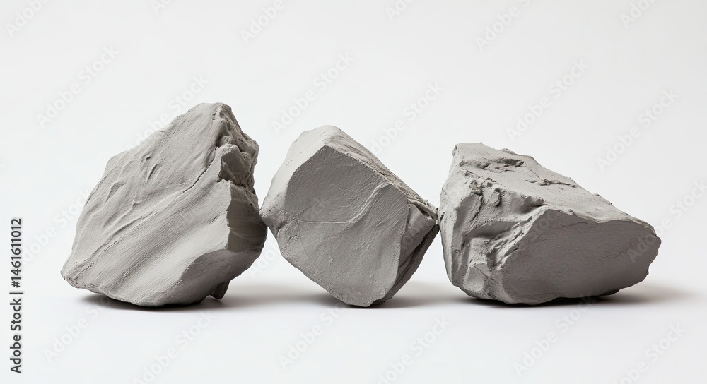 Poster three gray, roughly hewn rocks or clay sculptures rest in a horizontal row against a plain white bac