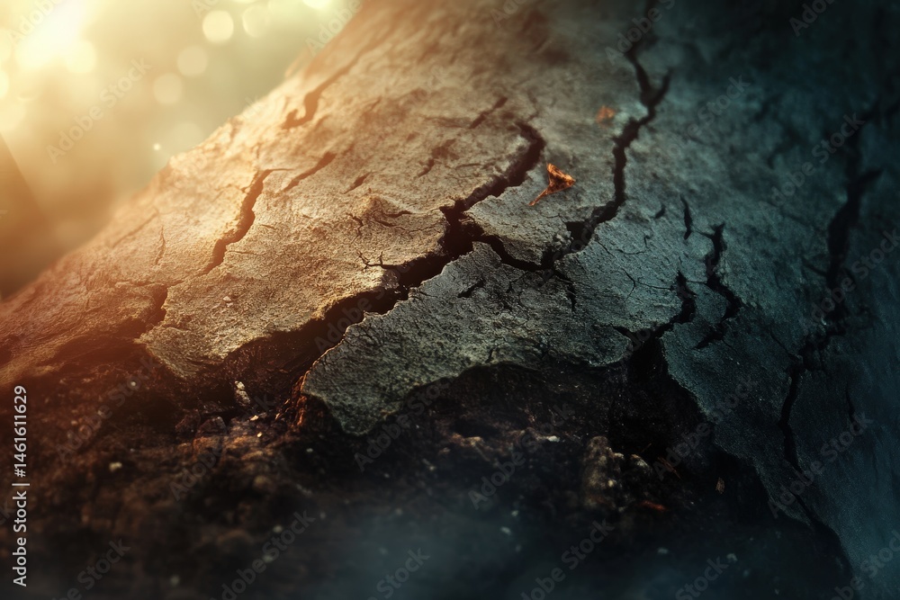 Poster close-up view of a weathered tree trunk with deep cracks.