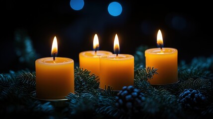 Four glowing candles nestled among festive greenery.
