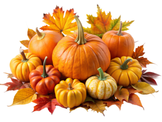 pumpkins and autumn leaves isolated on white background. PNG Transparent.
