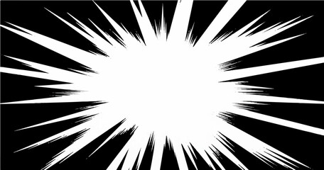 Black and white radial speed lines background, comic style burst effect with blank center space, vector illustration.