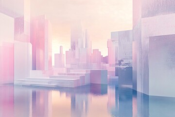 Deconstructivist architectural structures, fragmented geometric shapes in soft pastel tones, with gradient light and shadow effects and a surreal dreamy atmosphere.