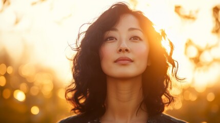 Fototapeta premium Woman enjoying a sunset in a serene environment.