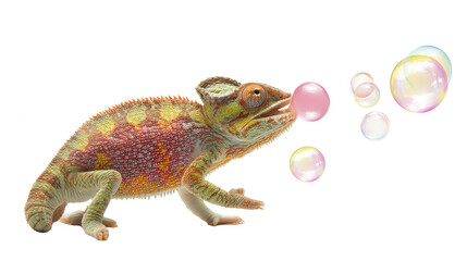 Obraz premium A colorful chameleon blows a pink bubble gum bubble with iridescent soap bubbles floating in the air.