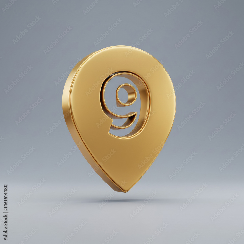 Fototapete Gold number nine location marker isolated on gray background. Modern, 3D rendered graphic element with a location/navigation theme.