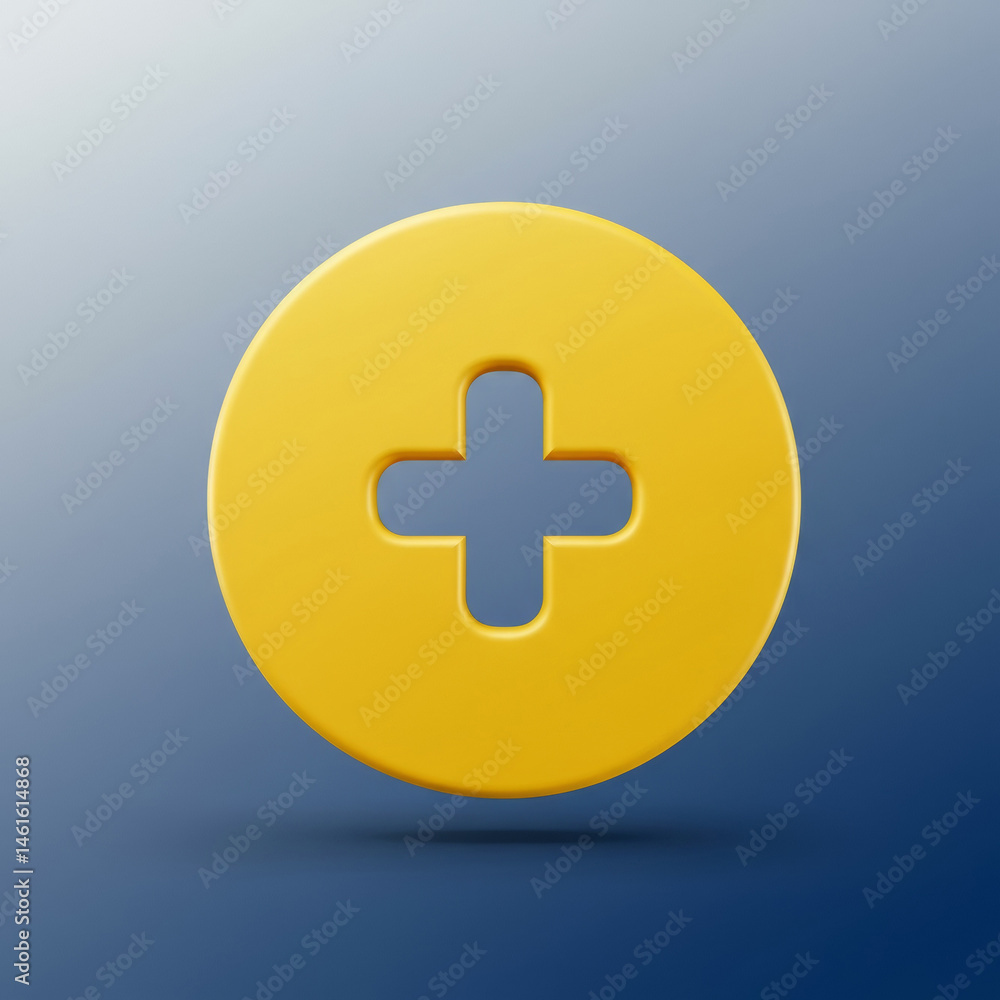 Poster yellow plus sign graphic in 3d rendering. isolated symbol with a simple design for adding or increas