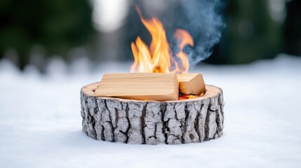 Miniature Fire Pit with Wood Logs Rustic Outdoor Style High-Resolution Warm Lighting Close-up Side View Textured Bark Surface Cozy Winter Scene Warm Amber Glow Perfect for Winter Decor