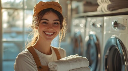 Woman smiling while holding a soft towel with natural daylight illuminating her joyful expression