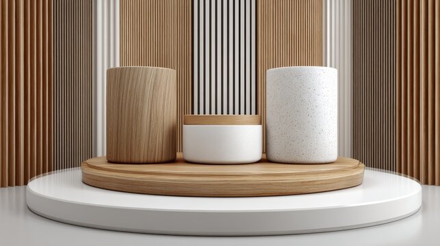 Minimalist 3D product showcase: brown wood and white cylindrical podium with vertical wood pattern backdrop for promotions