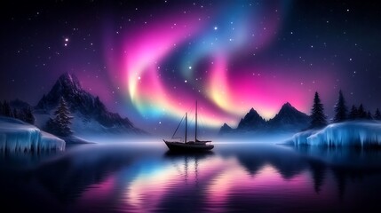 A sailing boat amidst the vibrant aurora borealis colors in the sky