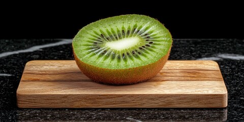 A cut-open kiwi, showing off its bright green interior, placed on a wooden board.