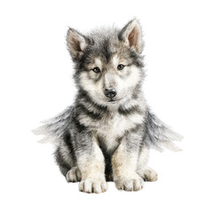 Fototapeta premium A cute gray wolf cub sits isolated against a white background with small angel wings superimposed on it.