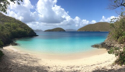 Fototapeta premium Tranquil, secluded beach. Crystal-clear turquoise water laps a pristine white sand beach, framed by lush green hills. Clouds drift across a vibrant blue sky