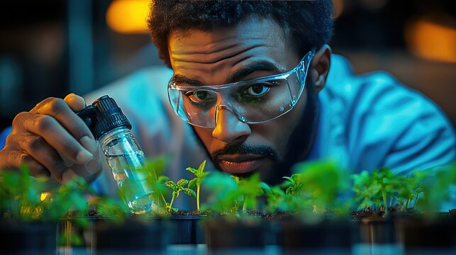Scientist examining plants in lab.